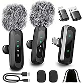 Upgraded 2 Pack Mini Clip on Microphone With LED Display, Wireless Lavalier Microphone for iPhone, HD Noise Cancelling, Portable Lapel Mic for Recording Video Podcast Vlogg Content Creator interview