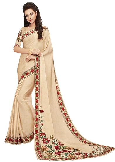 Womens Digital Printe Crepe Saree(sensation6409_Beige)
