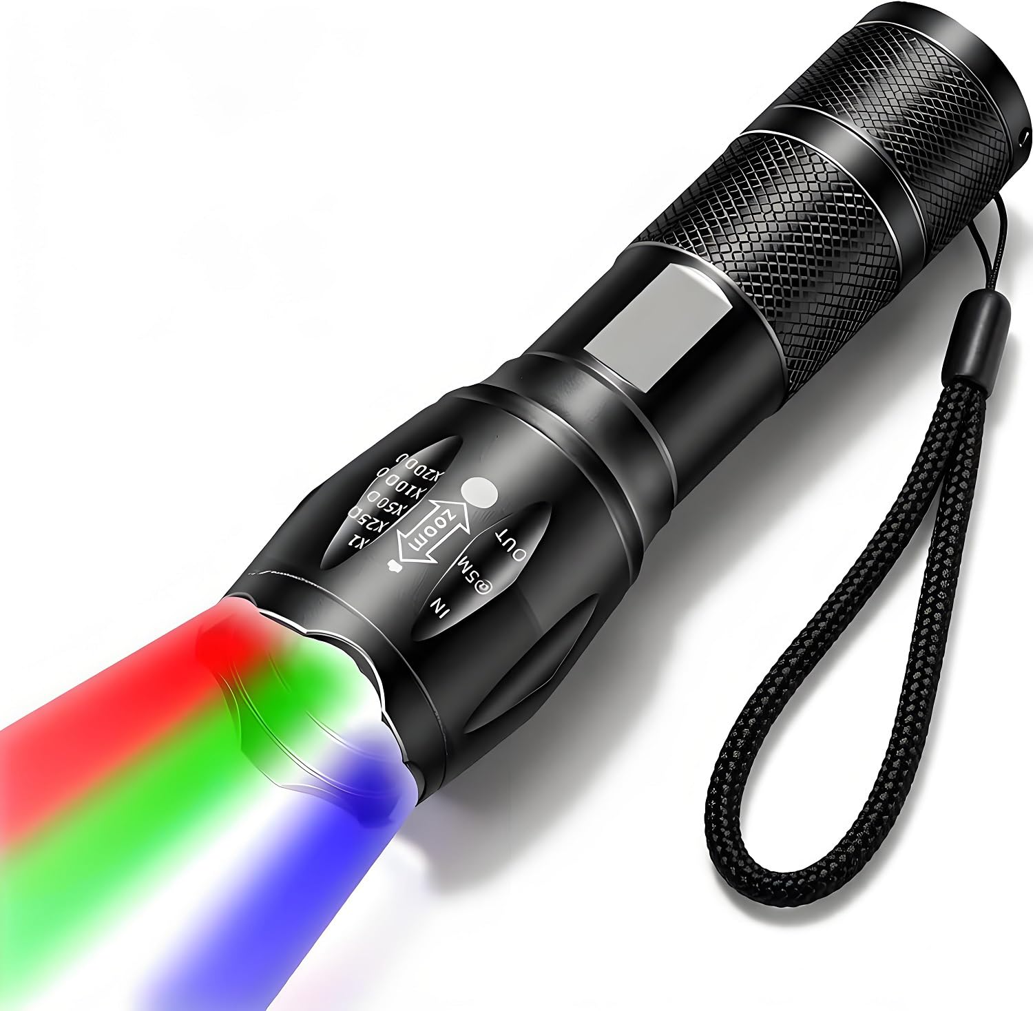 MVIOCS Multi-Color 4-in-1 LED Flashlight - Rechargeable White, Red, Blue, and Green Light - 4 Modes Zoomable for Camping, Outdoors