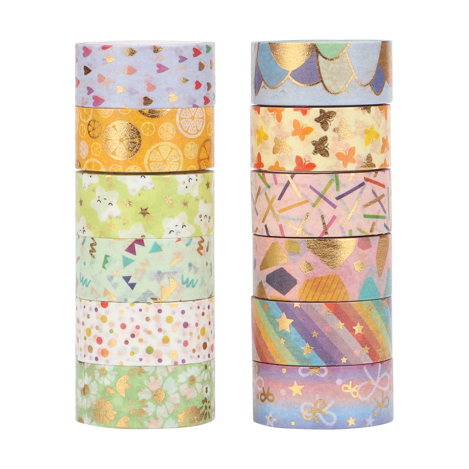 LGEGE 12 Rolls Floral Washi Tape Set, 15 mm Wide, Colorful Star Heart Rainbow Flower Butterfly Bow Dot Pattern, Japanese Masking Tape Décor for Scrapbook, Bullet Journal, Gift Wrapping, DIY Craft (3m)