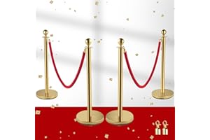 NEWPEAS Stainless Steel Stanchion Post 4Pcs with Metal Base, 38 Inch Stanchion Poles and 5 ft Velvet Ropes, Gold Stanchions with Red Rope, Red Carpet Ropes and Poles, Safety Barriers Set