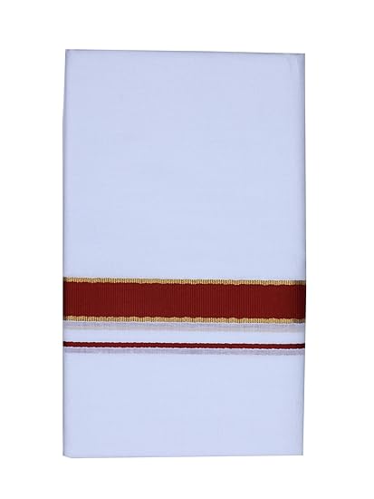 Men's Cotton Double Dhoti, Free Size_107,White and Red Zari