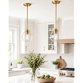 Audickic Brass Pendant Lights Kitchen Island 2 Pack, Farmhouse Gold Pendant Light with Clear Glass Globe Shade, Kitchen Island Lighting for Dining Room Entryway, AD-22280-1P2-GD-C