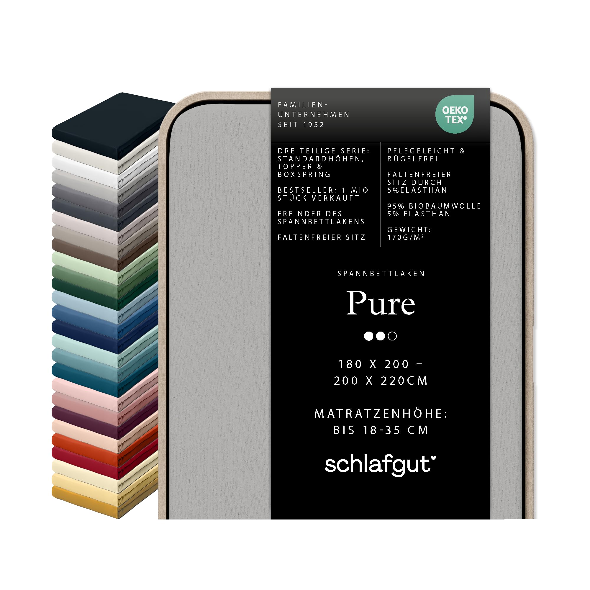 Schlafgut Pure fitted sheet 95% soft organic cotton and 5% elastane with 170g/m2 density for a wrinkle-free fit (Grey Light, XL 180x200cm - 200x220cm)