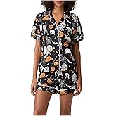 iTranyee Women 2 Piece Halloween Pajamas Outfits Pumpkin Print Short Sleeve Button Down Blouse Lounge Shorts Set Sleepwear