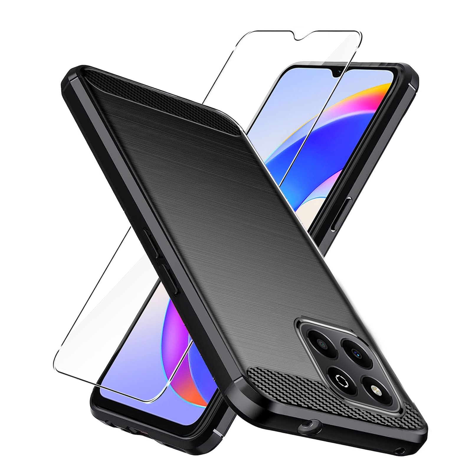 LYZXMY Protective Film for Honor X6b Case black Carbon Fiber + 1 x Tempered Glass - Soft Cover Carbon Fibers Skin Phone Shell for Honor X6b (6.56")