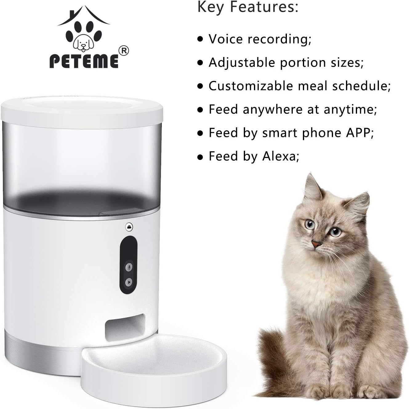 Peteme Automatic Cat Feeder 4L, Smart Pet Feeder Food Dispenser for Cats, Dogs & Small Pets, App Portion Control and Scheduled Feeding, Voice Recorder, Compatible with Alexa, 2.4G Wi-Fi : Kitchen & Dining