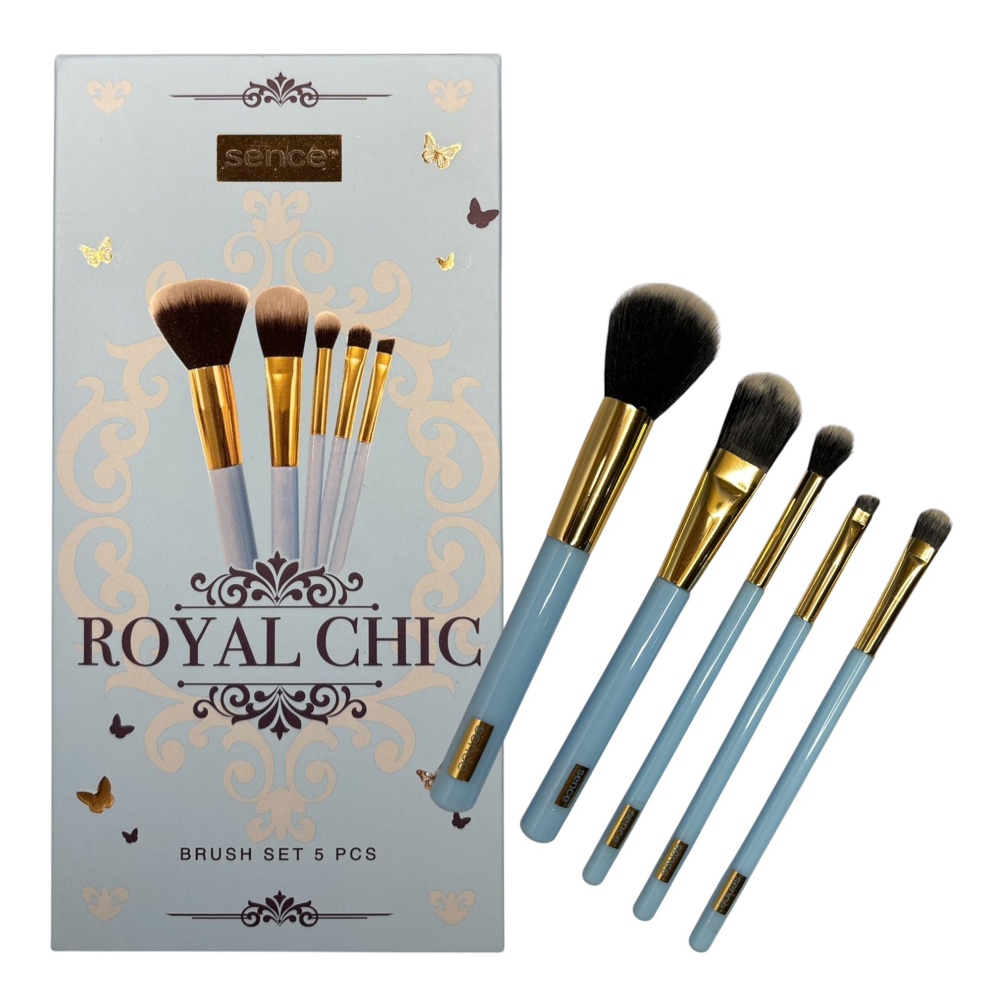 Royal Chic Vegan Makeup Brush Set, 5 Pieces, Soft Synthetic Bristles, Ideal for Foundation, Shadows and Powders, Compact and Portable