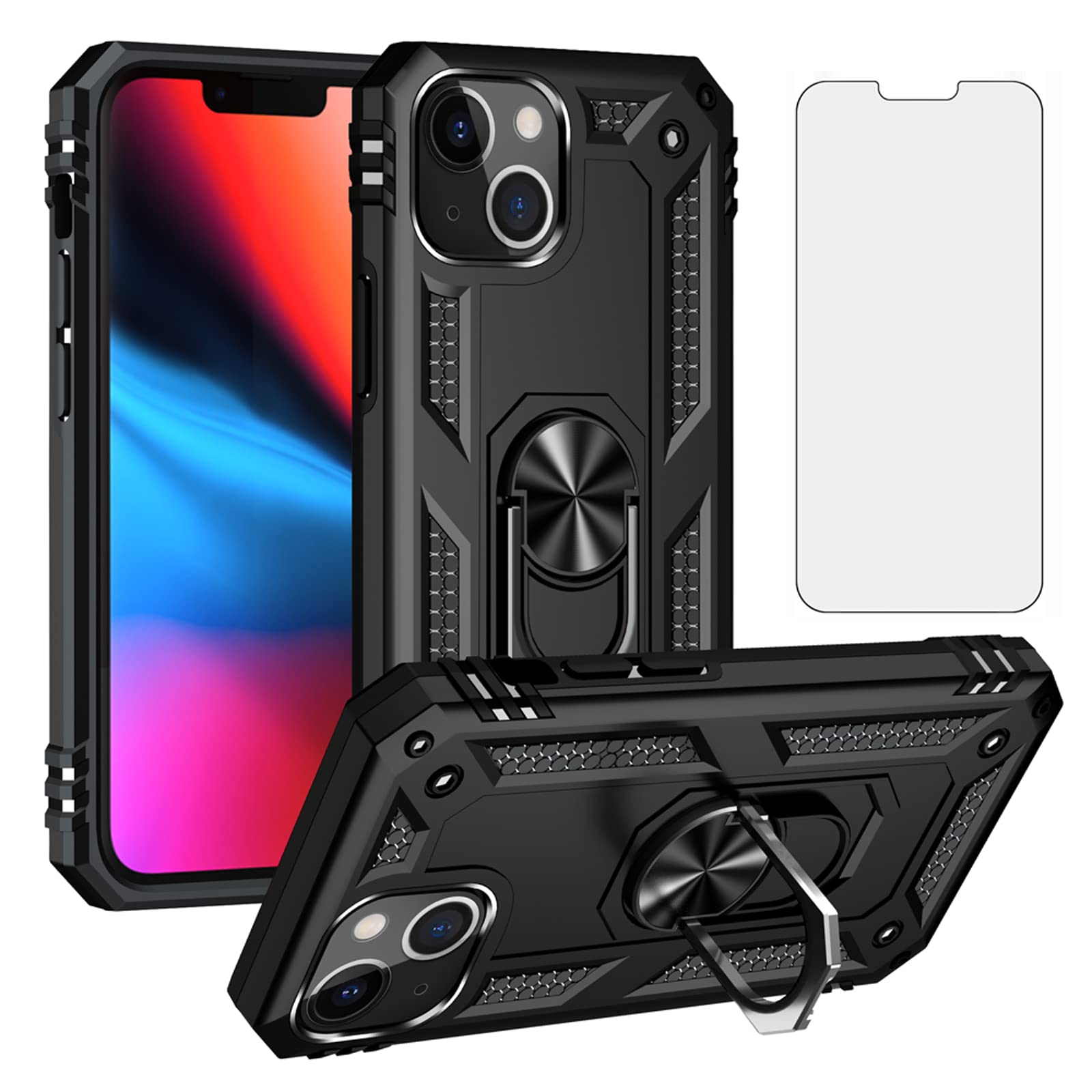 Asuwish Compatible with iPhone 13 6.1 inch Case and Tempered Glass Screen Protector Ring Holder Hard Magnetic Kickstand Stand Phone Cover for iPhone13 5G i i-Phone i13 iPhone13case Women Men Black