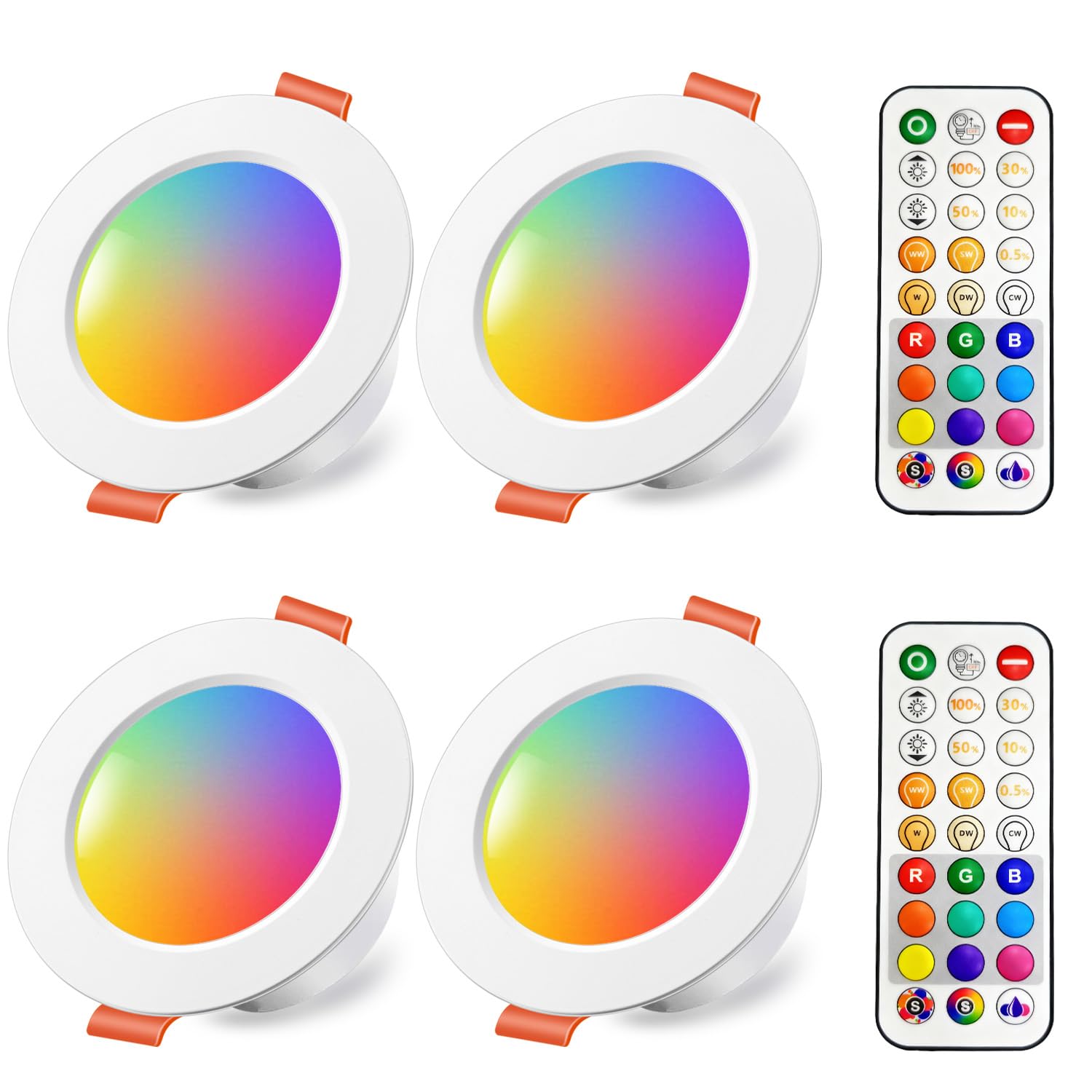 iLC LED Recessed Ceiling Lights, 8W Colour Changing RGB, Φ70-85mm Hole, Spotlights Round Panel Downlights Warm White 2700K, 12 Colours 2 Modes Timing with Remote Control (4 Pack)
