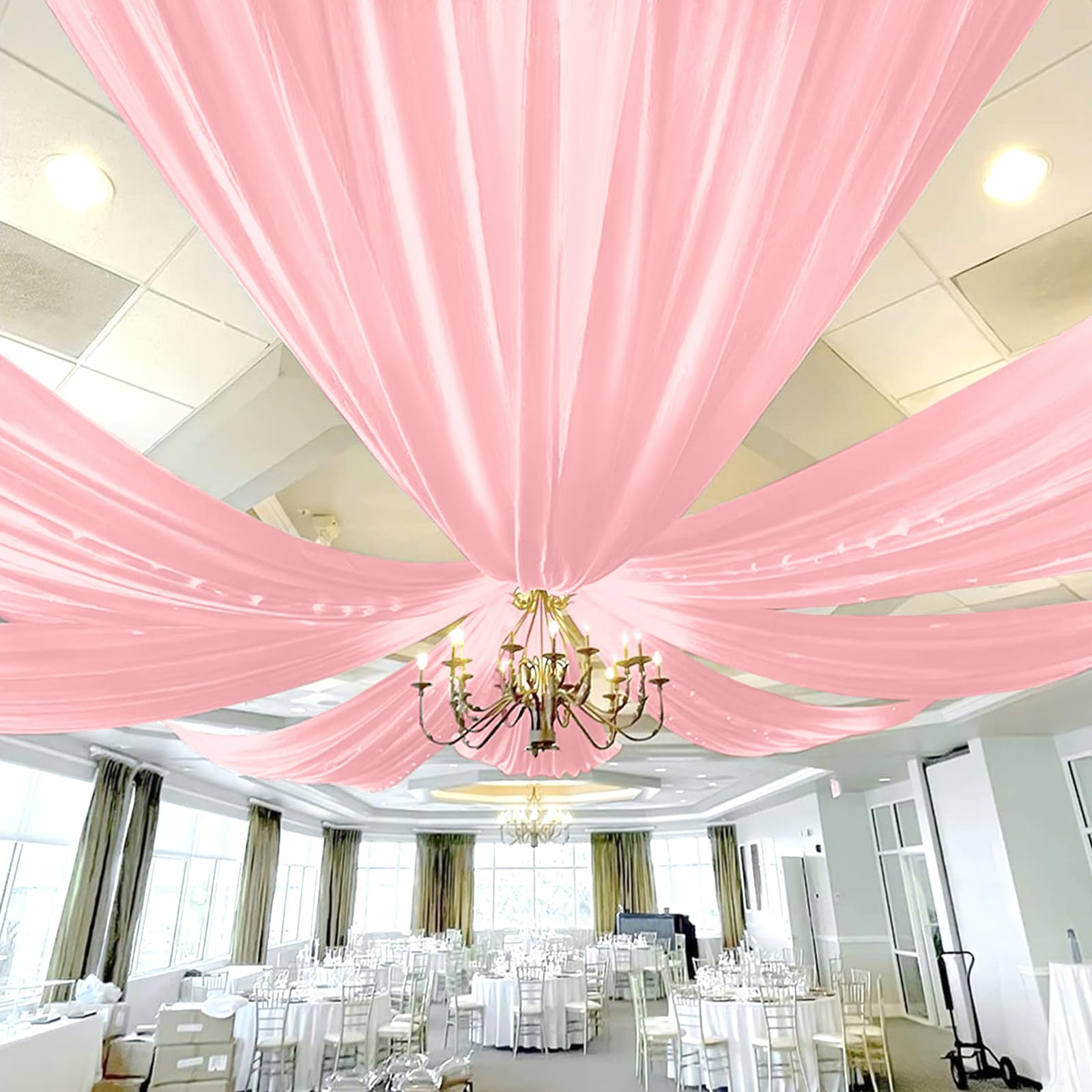 Photo 1 of REWOMC 6 Panels Dusty Rose Ceiling Drapes for Wedding 5ftx20ft Chiffon Fabric Arch Draping Curtains Sheer Drapery for Party Ceremony Birthday Baby Shower Reception Stage Swag Ceiling Decorations