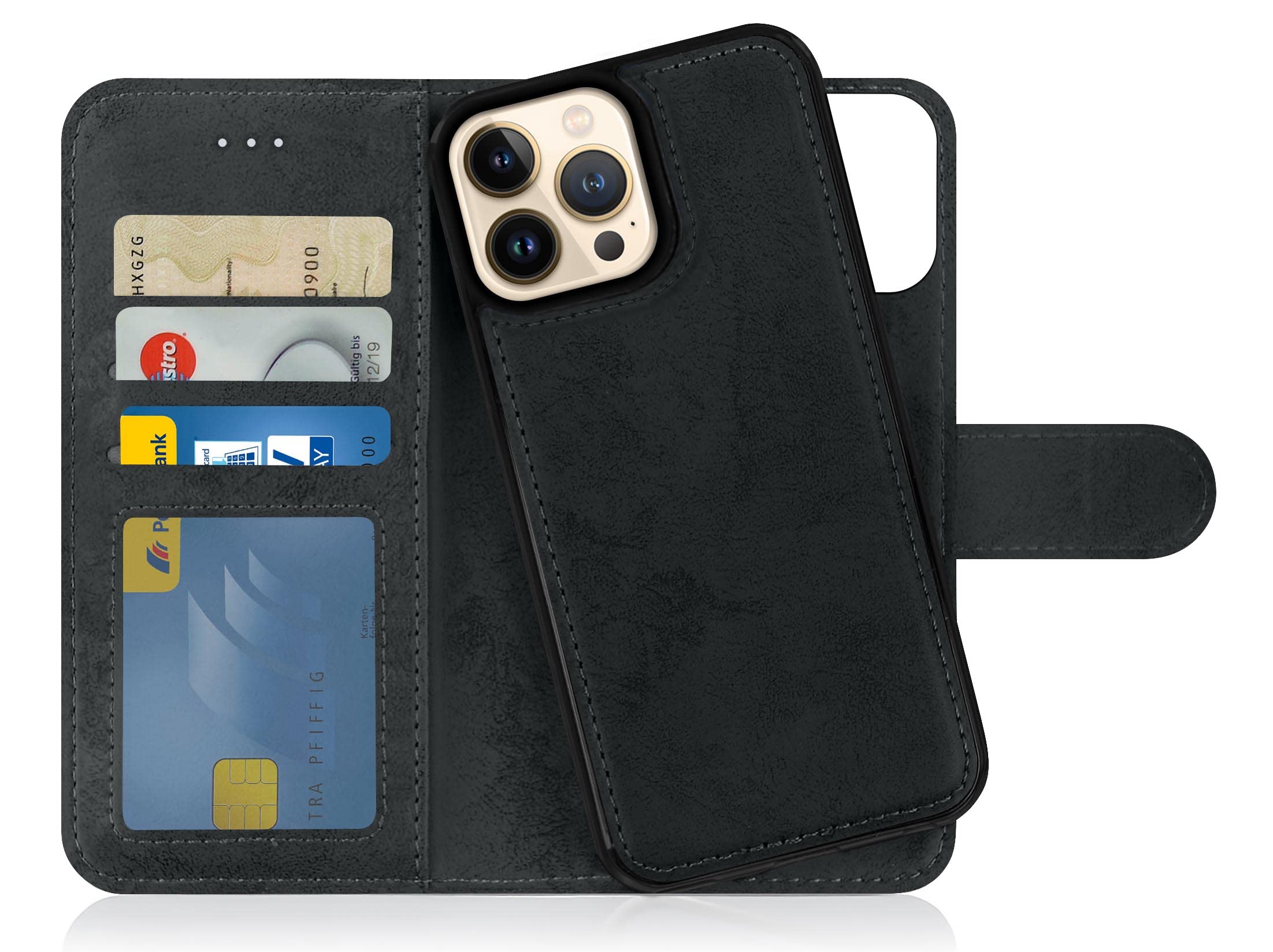 MyGadget Flip Case for iPhone 13 Pro Max - [ Removable Magnetic Cover ] - PU Leather Phone Case - [ Cover with Card Slot ] Protective Shell in Grey Black