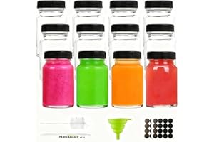 Qeedee 12 Pack 2oz Glass Shot Bottles with Lids and Labels, Reusable Small Clear Glass Jars Set, Travel Portable Mini Wide Mo