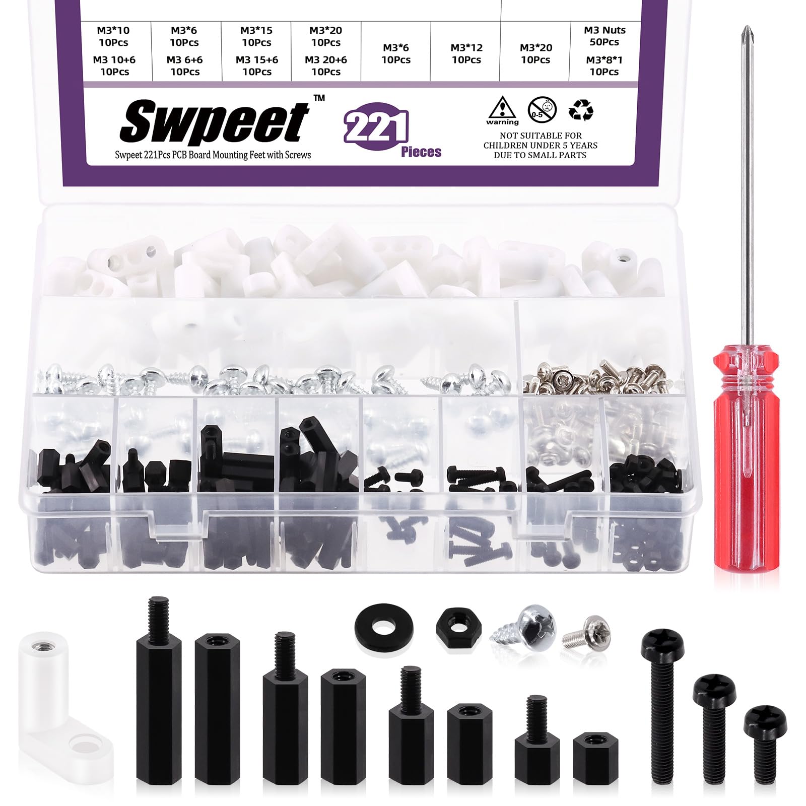 Swpeet 321Pcs Circuit Board Plastic Standoffs Mounting Hardware with M3 Male Female Nylon Hex Spacer Standoff Screw Nut Kit, Insulated PCB Spacer Plastic L Type PCB Feet with Screws for PCB