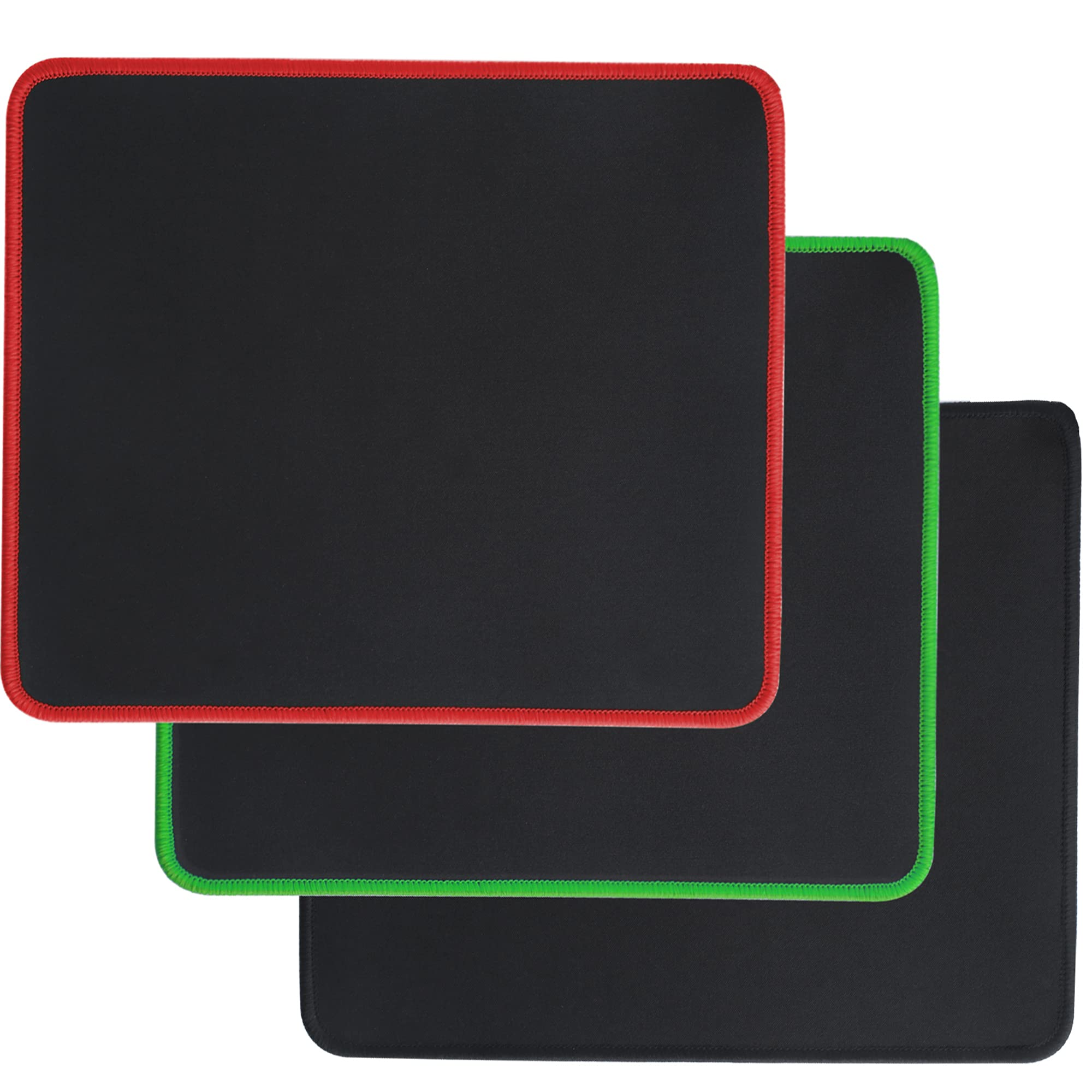 Psitek Mouse Pad 10x8.5 Inches Economic Gaming Mousepad Waterproof Cloth Surface Optimized for Precision, Durable Stitched Anti-Fray Edges Black Red and Green 3 Packs