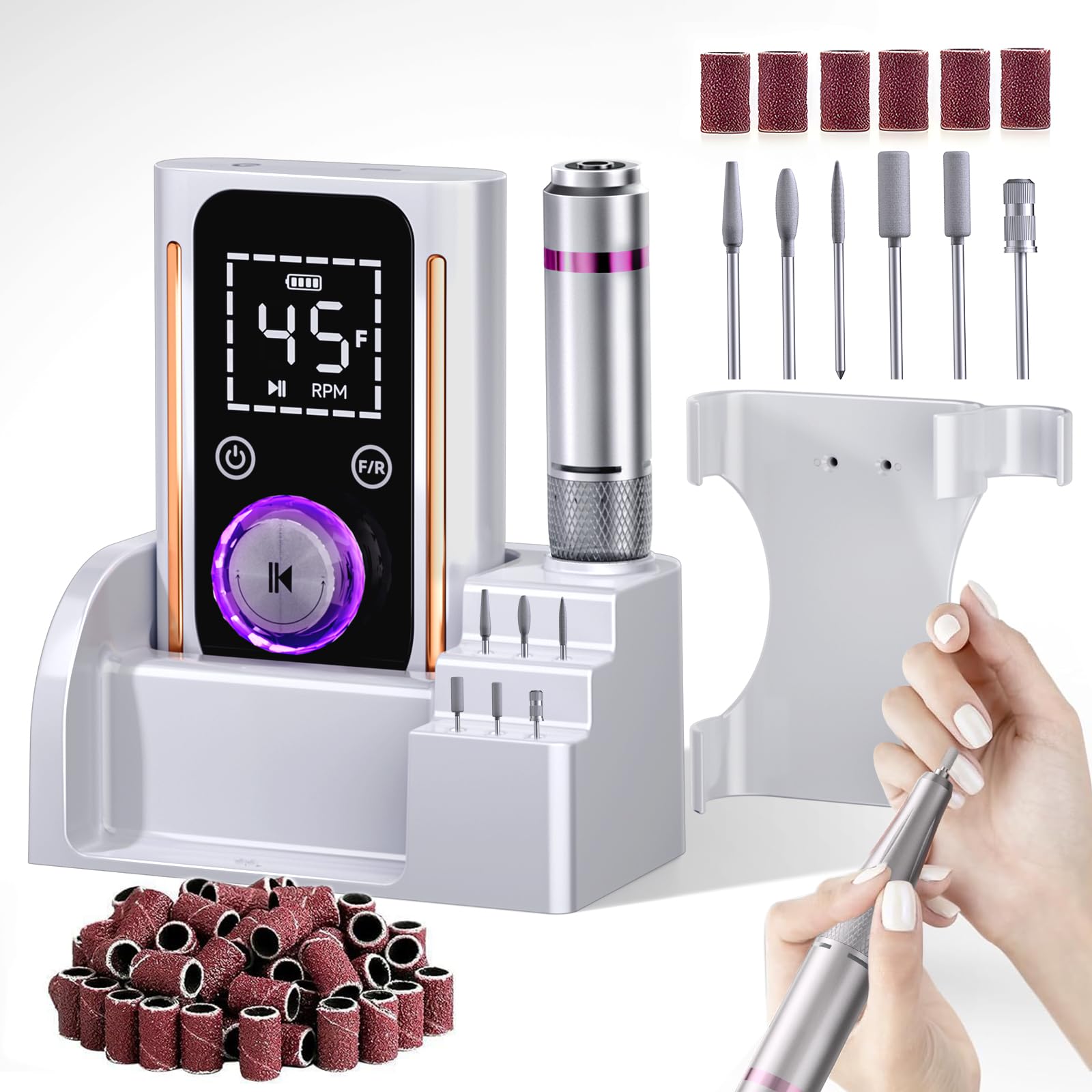 Nail Drill, Portable Electric Nail File 45000RPM, Cordless Nail Drill Professional with Bits&Base, for Acrylic Gel Nails, E-File Machine, Manicure Polishing, for Salon Home, White