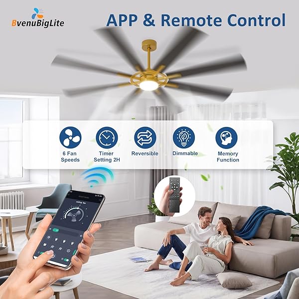BVENUBIGLITE LARGE CEILING FANS WITH LIGHTS: MODERN 72 INCH 8 BLADE OUTDOOR CEILING FAN WITH REMOTE APP CONTROL – DIMMABLE BLACK GOLD BIG FAN LIGHT INDOOR REVERSIBLE 6 SPEED QUIET DC MOTOR