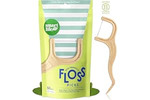 SmartLifeco Eco-Friendly Dental Floss Picks (50ct) - Flossers Made with Straw Wheat, Superior Anti-Shred Thread for Tight Gaps, Tooth Pick Stick for Adults, Soft on Gum & Teeth, Vegan, Mint
