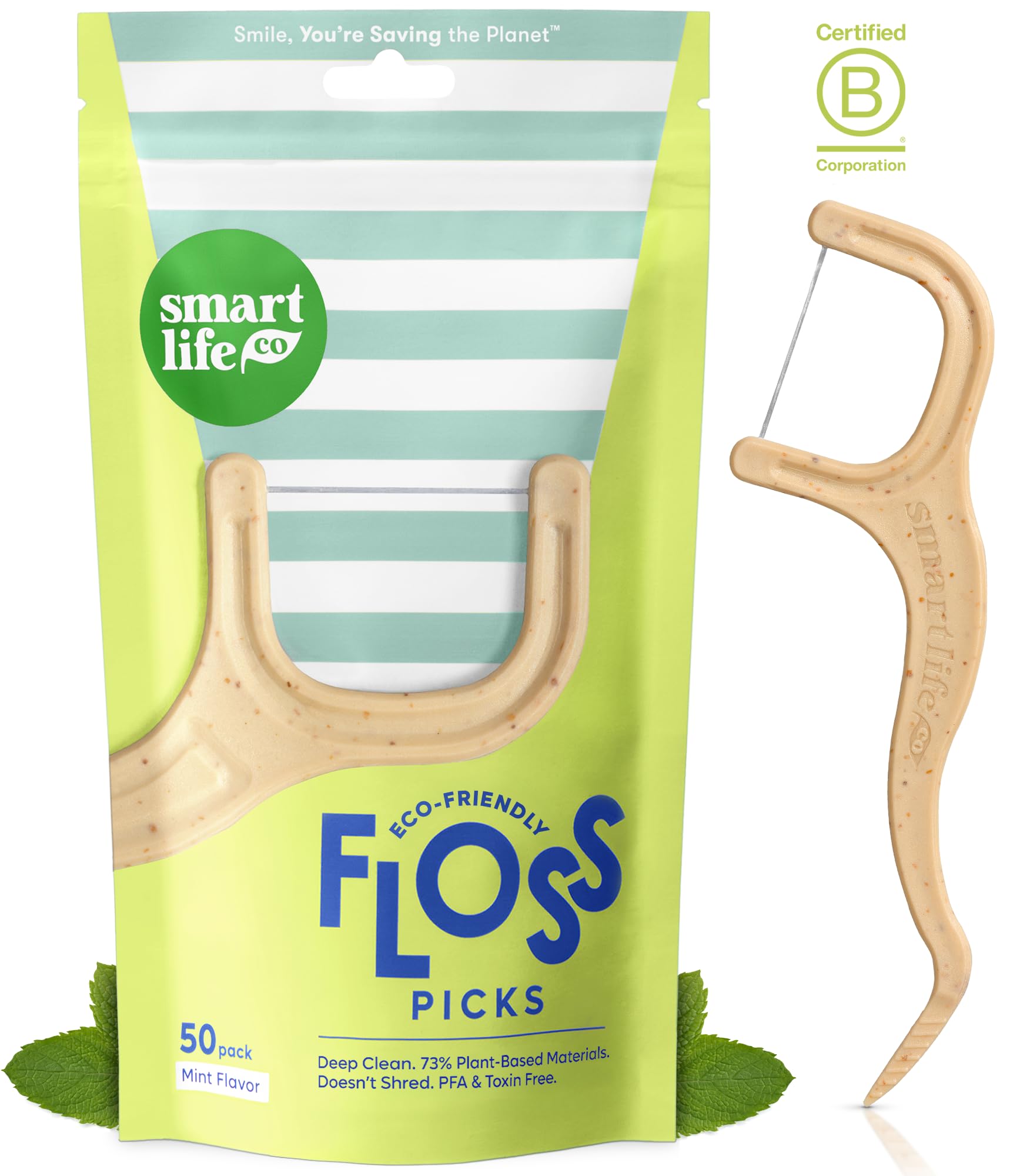 Photo 1 of SmartLifeco Eco-Friendly Dental Floss Picks (50ct) - Flossers Made with Straw Wheat, Superior Anti-Shred Thread for Tight Gaps, Tooth Pick Stick for Adults, Soft on Gum & Teeth, Vegan, Mint