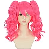yuehong Long Curly Hot Pink Double Ponytail Clip Wig for Woman Halloween Cosplay Costume