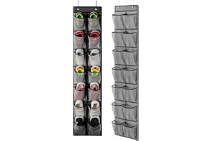 KEEPJOY Over the Door Shoe Organizer, Hanging Shoe Organizer with 4 Hooks,Door Shoe Holder with 14 Mesh Deep Pockets Closet D