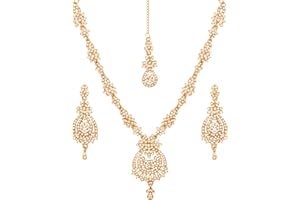 Touchstone Indian Bollywood Gorgeous intricate Workmanship Sparkling Rhinestone crystal wedding Designer Jewelry Necklace Set In Gold or Silver Tone For Women.