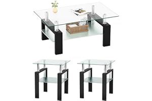 Meihua Glass Coffee Table and End Table Set of 3, Living Room Table Set with Tempered Glass & Metal Legs for Livingroom Center Table, Sofa Bedroom Nightstand. (Set of 3, Clear Glass + Black Leg)