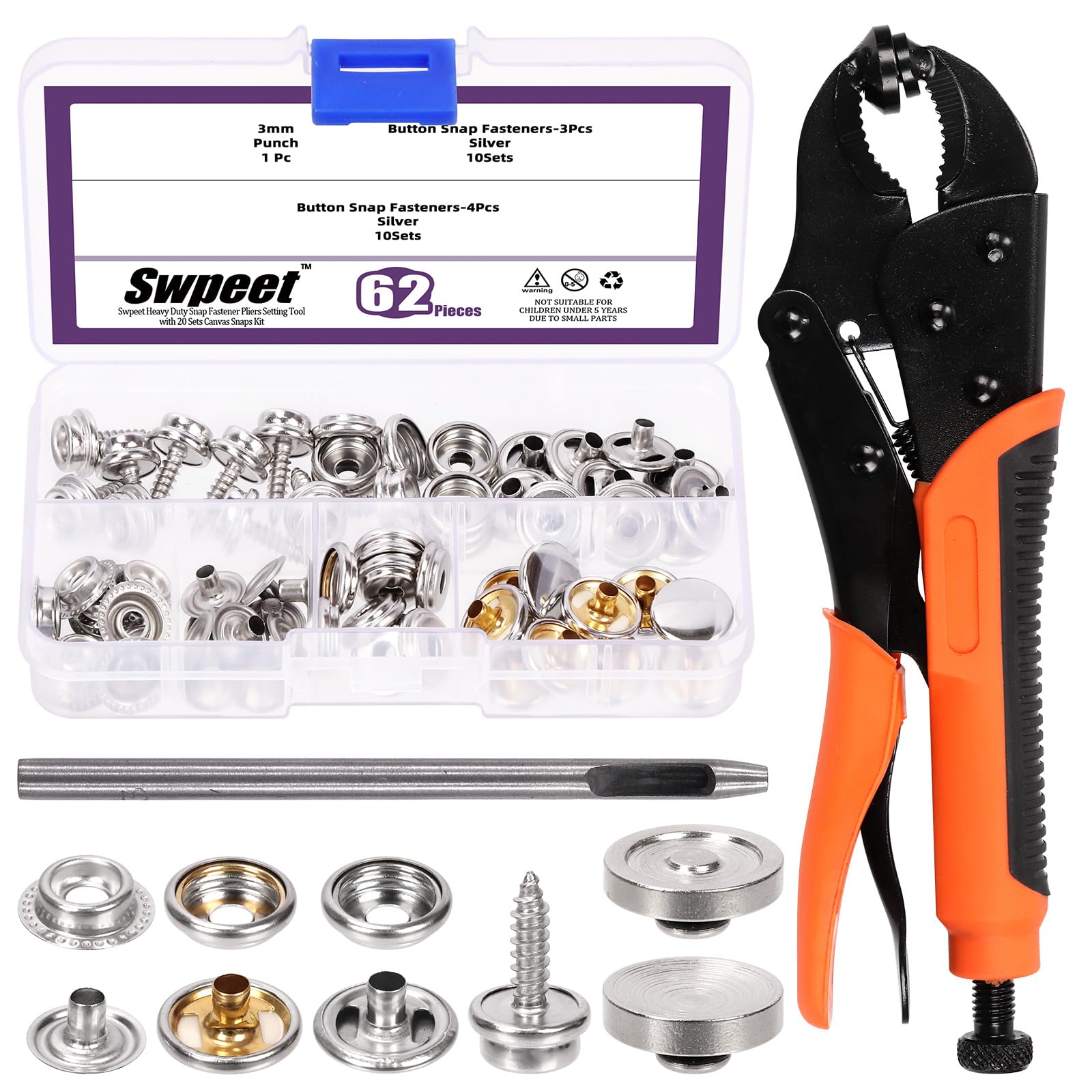 Swpeet 74Pcs 9 Inch Heavy Duty Snap Fastener Tool, Adjustable Snap Setter Tool, Includes Canvas Snap Pliers, Stud Snaps, Cap, Socket, Hollow Hole Punch, Anvil, Stud, Post for Replacing Metal Snaps