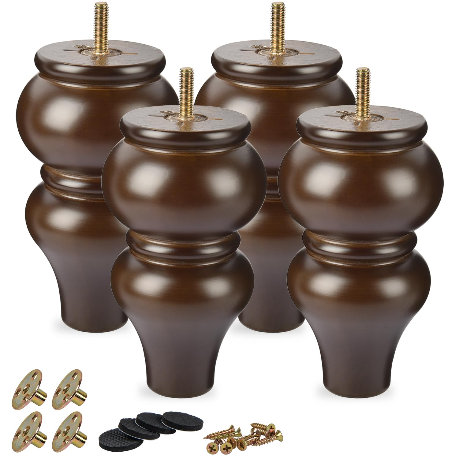 TCHOSUZ 6 inch / 15cm Wooden Furniture Legs, Pack of 4 Classic Walnut Solid Wood Turned DIY Replacement Bun Feet with M8 Hanger Bolts & T-Nuts for Sofa Couch Cabinet Ottoman Bed Riser