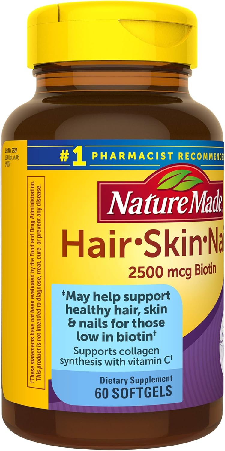 Nature Made Hair, Skin & Nails with 2500 mcg of Biotin Softgels, 60 Count for Supporting Healthy Hair, Skin and Nails† (Packaging May Vary): Health & Personal Care