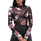Womens Mesh Tops Lace Long Sleeve Shirts Mock Neck Slim Fitted Top See Through Tee Shirts Party Club Night Lace Blouse