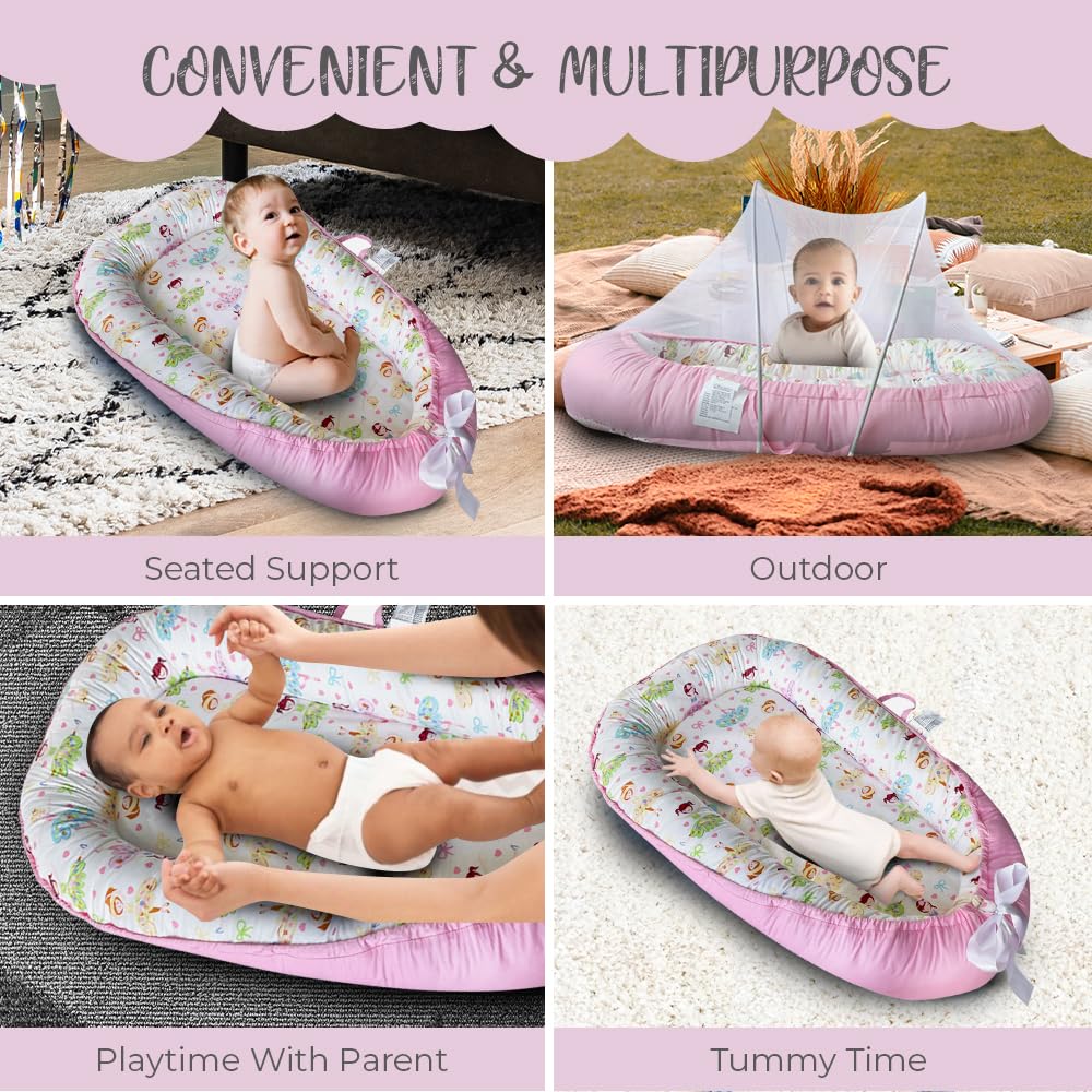 PIERRI Baby Lounger for Newborn with Detachable Mosquito Net - Ultra-Soft Cotton Snuggle Nest Lounger, Reversible Infant Lounger, Double-Sided Baby Nest, Infant Lounger, Baby Lounger for Newborn
