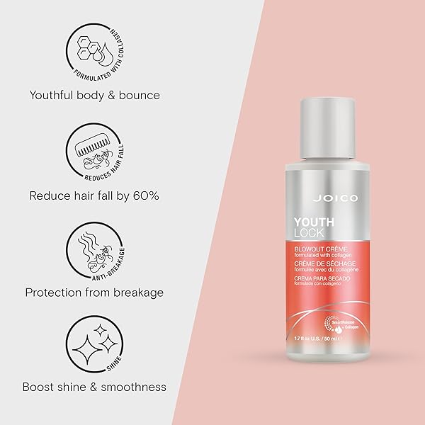 JOICO YOUTHLOCK BLOWOUT CRÈME FORMULATED WITH COLLAGEN|YOUTHFUL BODY & BOUNCE|STRENGTHEN & PROTECT|REDUCE BREAKAGE & FRIZZ|SOFTEN & DETANGLE|BOOST SHINE|SULFATE FREE|WITH ARGININE|1.7 FL OZ