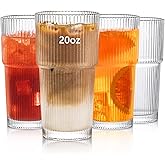 INSETLAN 20oz Ribbed Glass Tumbler Set of 4 – Large Capacity Drinking Glasses for Iced Coffee, Water, Juice, and Cocktails – Elegant Modern Glassware for Everyday Use and Special Occasions