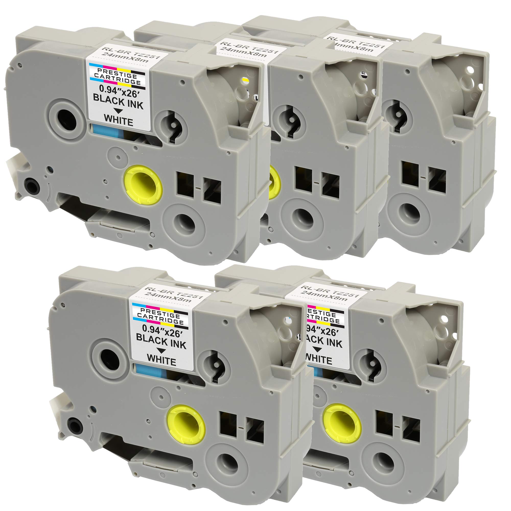 5 Compatible TZe-251 TZ-251 Black on White 24mm x 8m Label Tapes for Brother P-Touch PT-2430PC 3600 9600 9700 9800 D600VP D800W E300VP E550WVP E850 H500 H500LI P700 P750W P750WVP Label Makers