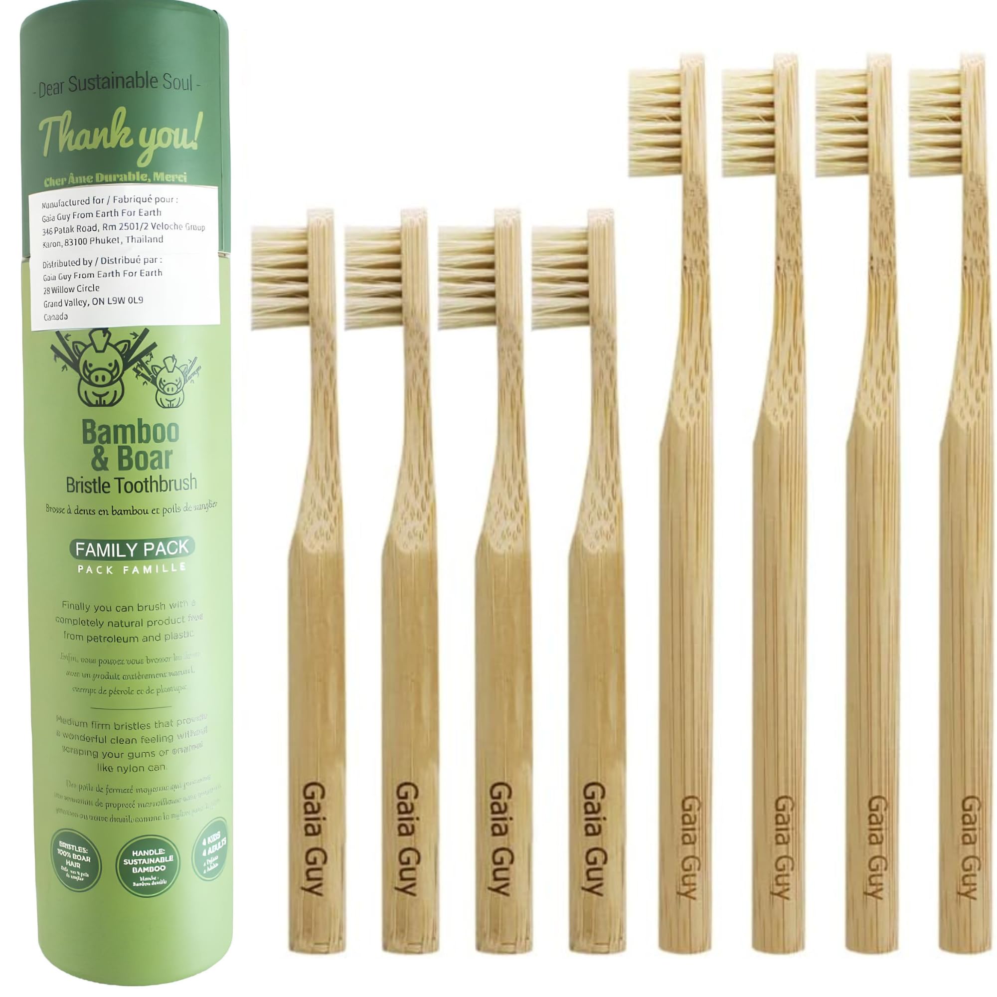Gaia Guy Natural Bristle Bamboo Toothbrush Family Pack (NO Nylon - Boar Hair ONLY) - Totally Compostable & Biodegradable Boar Bristle and Bamboo Toothbrushes - Zero Waste - 4 Kids and 4 Adults