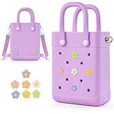 Mini Rubber Tote Bag with 7 Charms X-Small Waterproof EVA Beach Bag for Little Girls & Women Pool Crossbody | with 7 Charms, X-Small