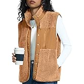 Rapbin Vests for Women Lightweight Stand Collar Sherpa Fuzzy Fleece Vest Buttoned Sleeveless Jackets with 3 Pockets