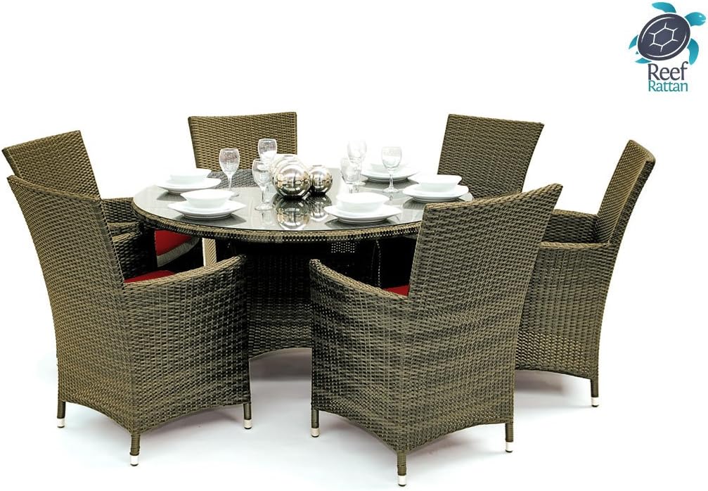Reef Rattan Tobago 7 Pc Round Dining Set - Natural Rattan / Red Cushions