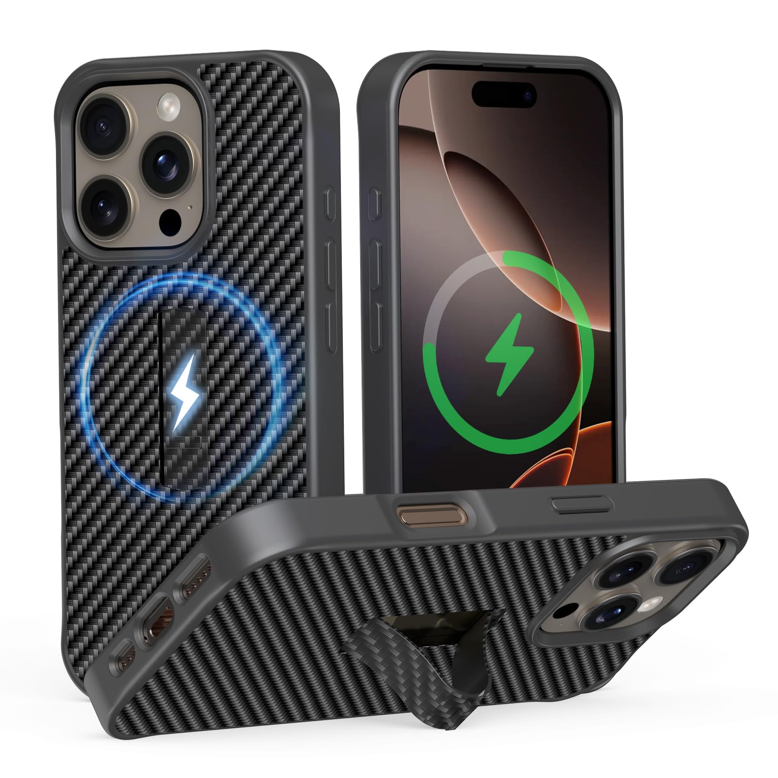 Photo 1 of AUROX for iPhone 16 Pro Case With Invisible Stand [MagSafe Compatible] Military-Grade Protection, Shockproof Magnetic Case for Men, Carbon Fiber Textured Surface - Black