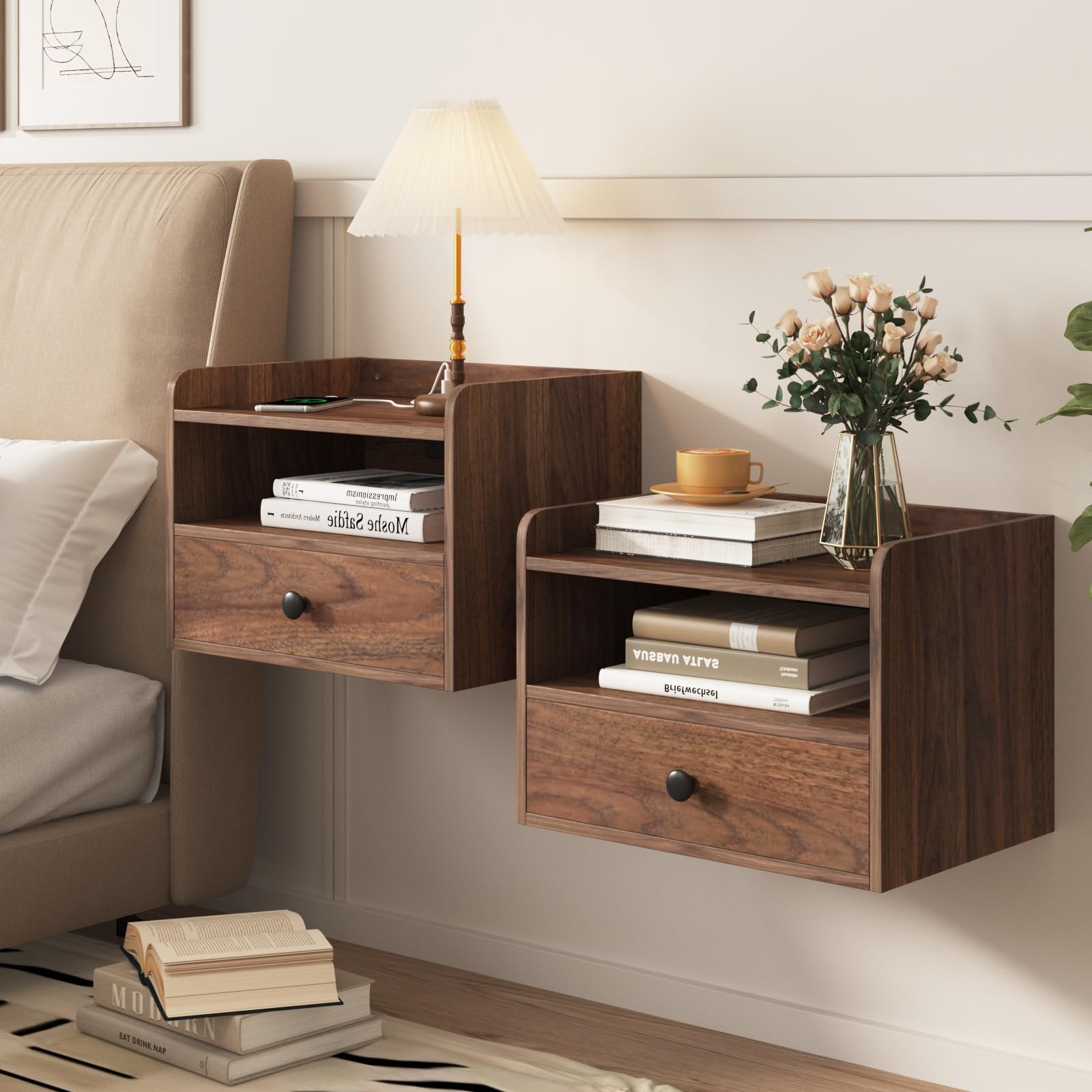 Photo 1 of Floating Nightstand Set of 2 Modern Night Stands with Drawer and Open Shelf Cubby Small Bedside End Table with Charging Station Wall Mounted Nightstands Set 2 for Bedroom Brown Walnut
