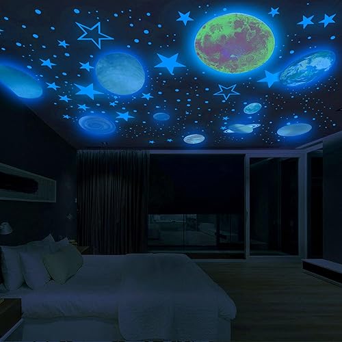 Blue Glow in The Dark Solar System Wall Decals,158 pcs Ceiling