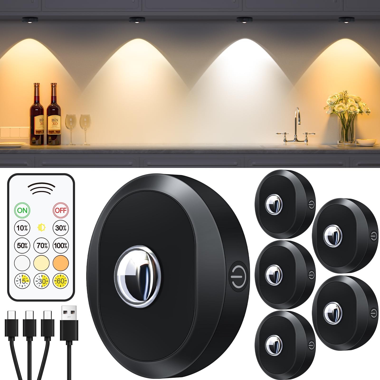 Photo 1 of 5pcs only--WILLED Puck Lights with Remote Control, Rechargeable Under Cabinet Lights, 1200mAh Battery Operated Tap Lights, Dimmable Push Lighting, Wireless Closet Light, LED USB Stick On Light 