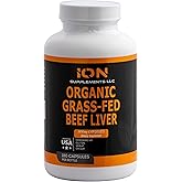 100% Organic Grass Fed Beef Liver Capsules (180 Caps) - Pasture Raised - Iron, Vitamin A, B, Collagen - Promotes Energy, Detoxification, Whole Body Wellness - Ancestral Paleo Living - Ion Supplements