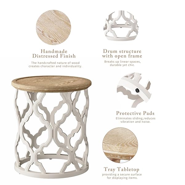 KARLOTT FARMHOUSE END TABLE, 18.5” FRENCH COUNTRY ROUND SIDE TABLE, DISTRESSED TRAY TOP SIDE TABLE WITH CURVED MOTIF FRAME BASE FOR BOHO, END TABLES LIVING ROOM, BEDROOM, SMALL SPACE, EASY ASSEMBLY