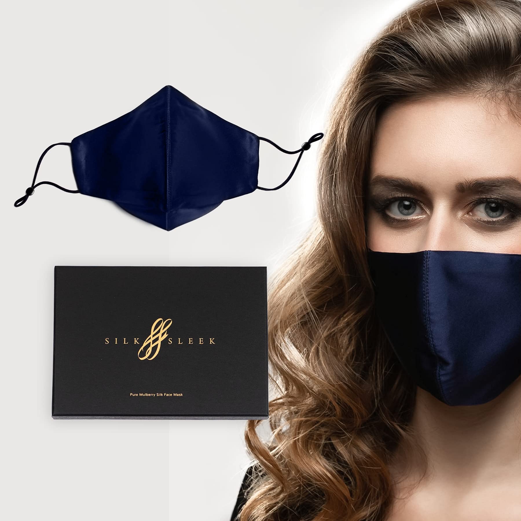 SilkSleek Pure Mulberry Silk Face Mask with Nose Wire 2 layers. 100% Pure 6A Grade Natural Silk Adjustable Washable & Breathable. (Navy Blue)