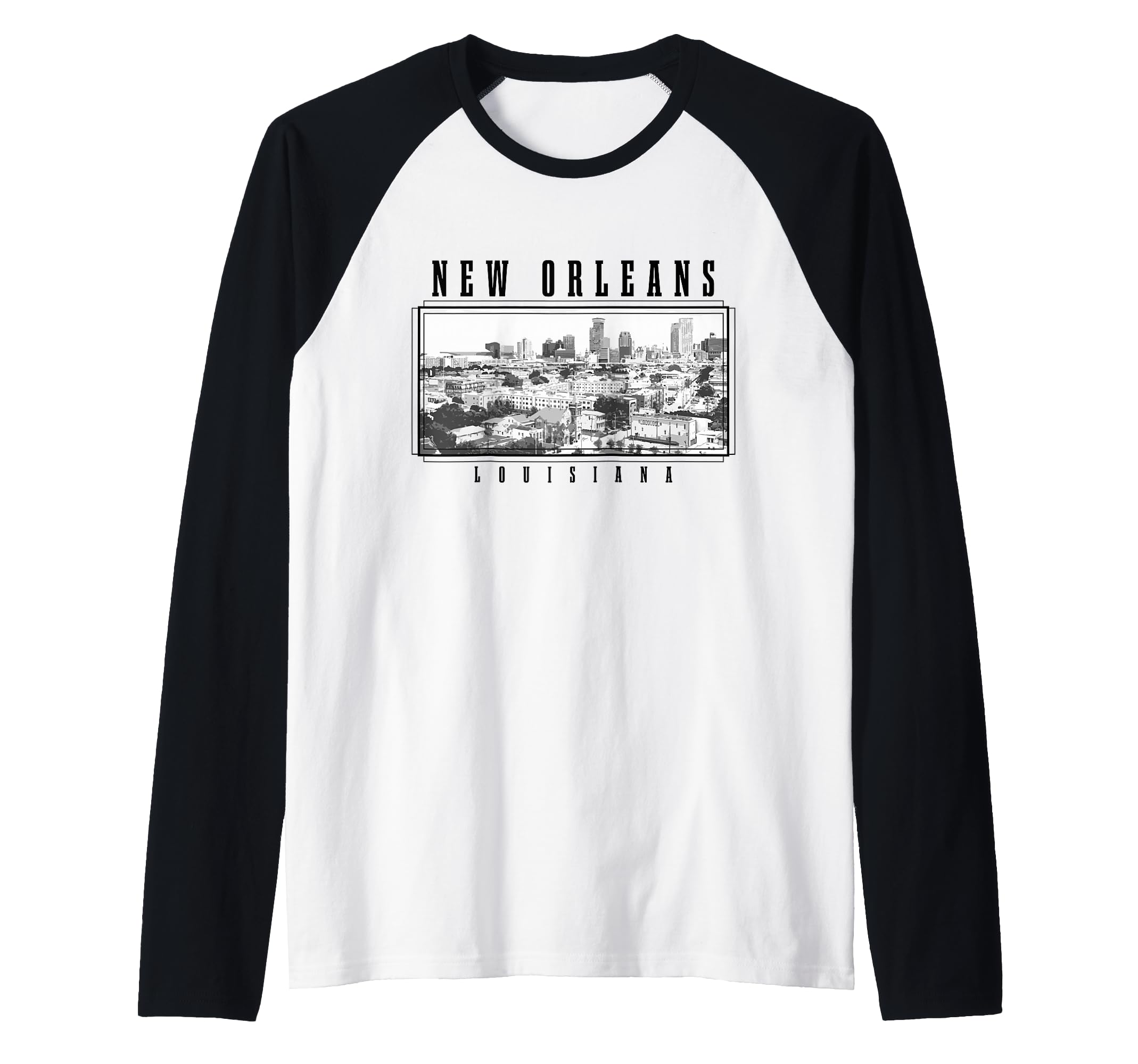 New Orleans Louisiana Vintage Skyline Black & White Nola Raglan Baseball Tee