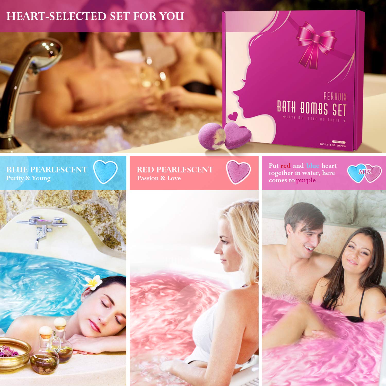 Peradix Boules de Bain Effervescentes 16 PCS - Kit de Boule pour Le Bain, Multicolores Bio pour Homme Femme Enfant,Spa Luxueux,Bain Moussant Senteur Relaxante,Coffret Bombes de Bain de Saint-Valentin