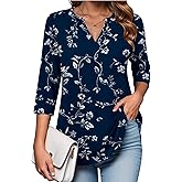 Zeagoo Womens 3/4 Length Sleeve Tops V Neck Tunic Casual Dressy Blouse Floral Printed Shirts