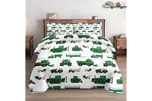 WeCozy Queen Size Comforter Set with 2 Pillowcases, Yellow Farm Tractor Green Vehicle Soft 3 Pcs Bedding for Kids and Adults Bedroom Bed Decor